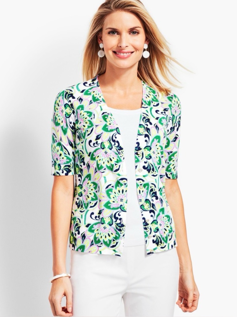 Talbots Classic Kelly Floral Print Short Sleeve Open Cardigan - Green & Navy M